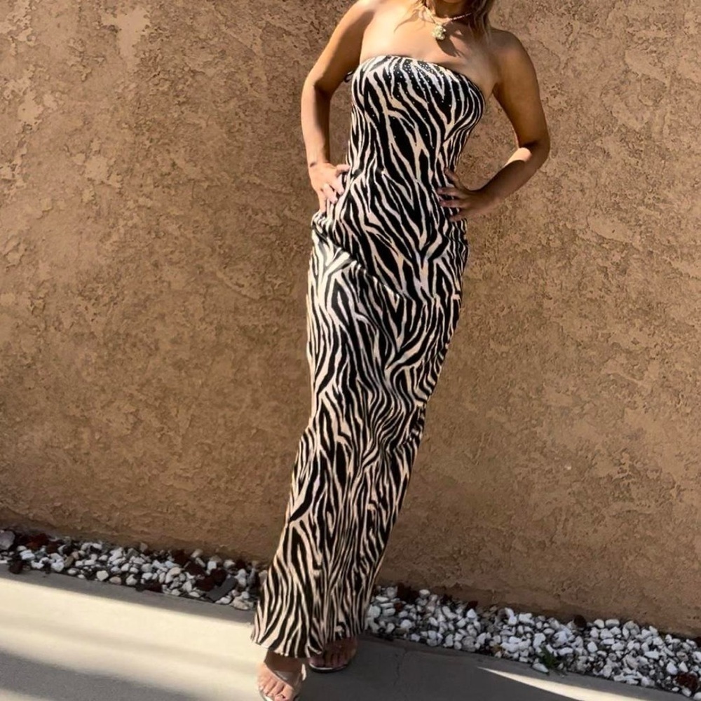 Gunne Sax x Jessica McClintock 90s Y2K Vintage Zebra Strapless Rhinestone Dress